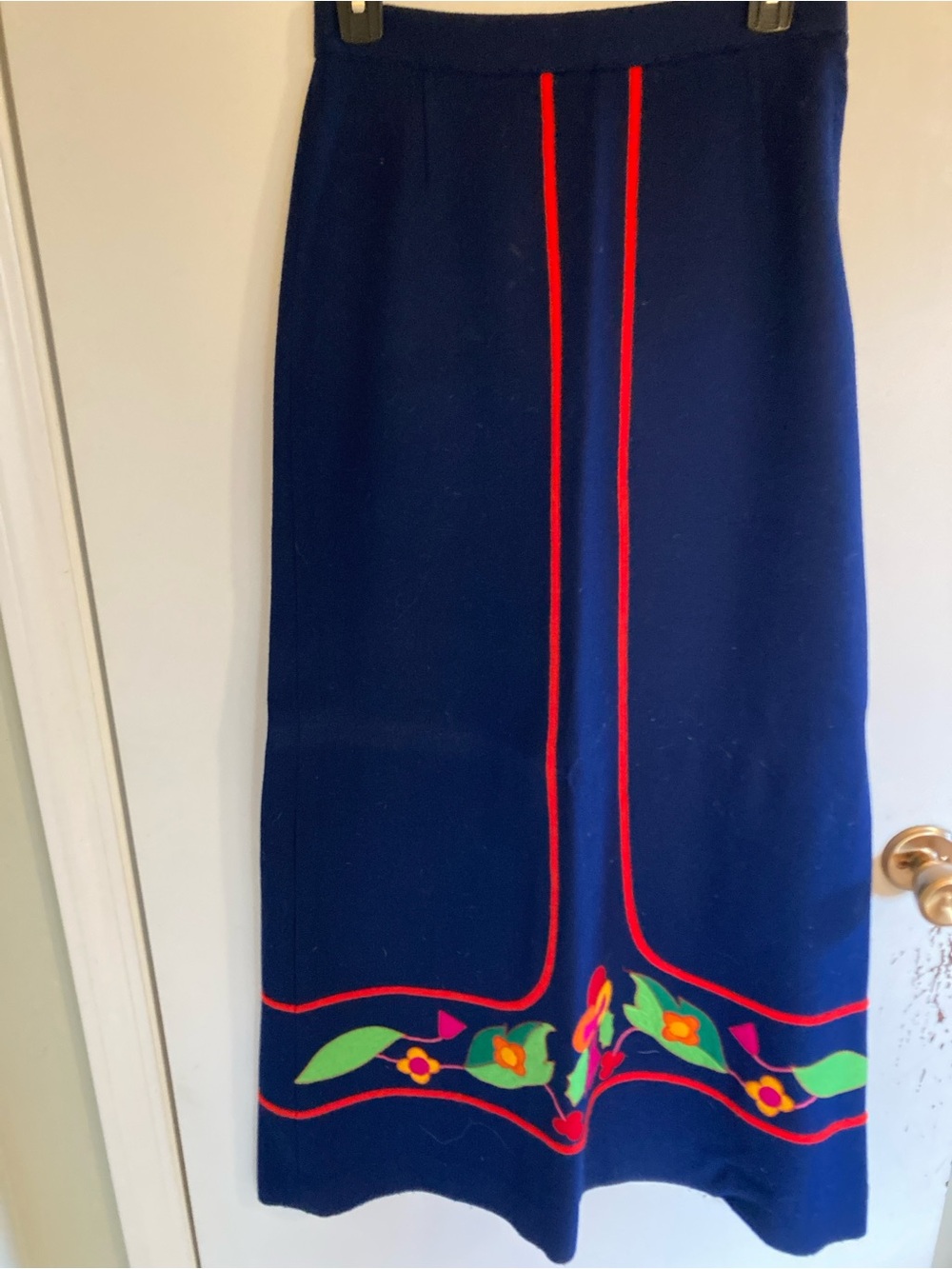 Vintage 100% Wool Maxi Skirt with Red Trim and Multicolor Floral Aplique